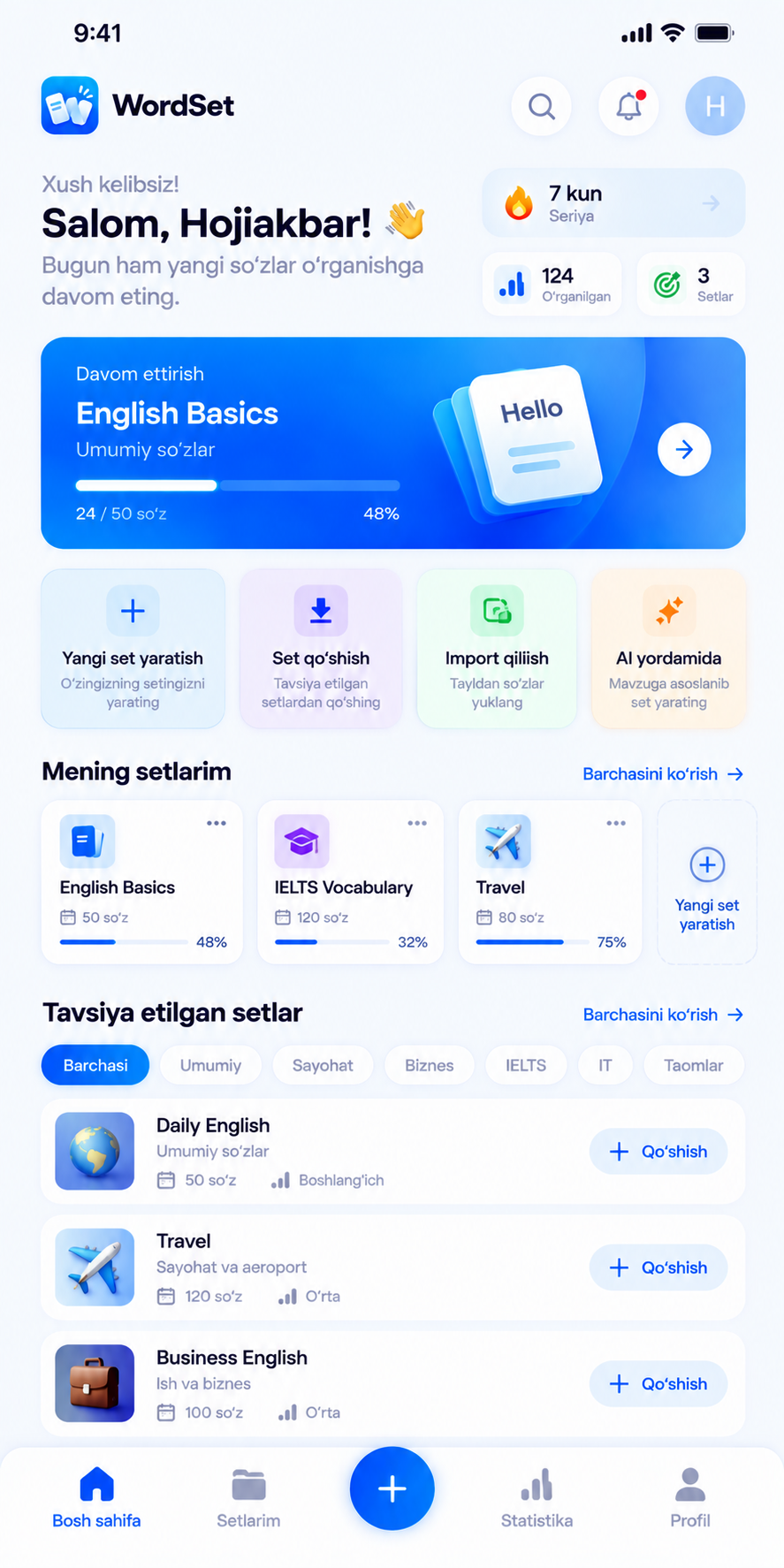 WordSet bosh sahifasi: setlar, progress va tavsiyalar