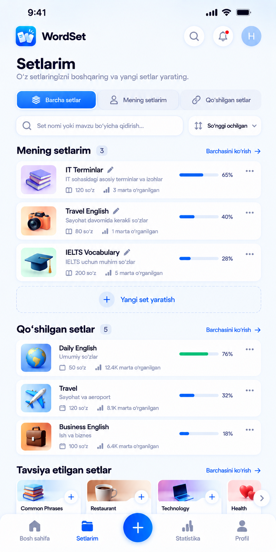 WordSet Setlarim ko‘rinishi